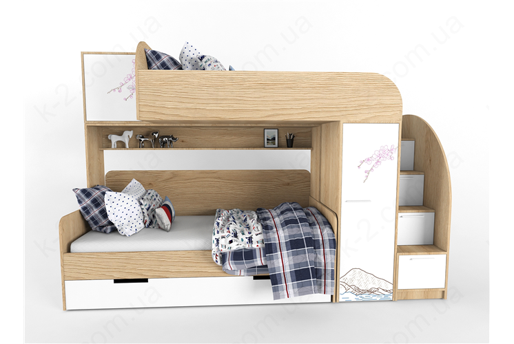 51 Кровать двухъярусная со ступеньками-комодом 90х190/200 серия Sakura К-2 люкс