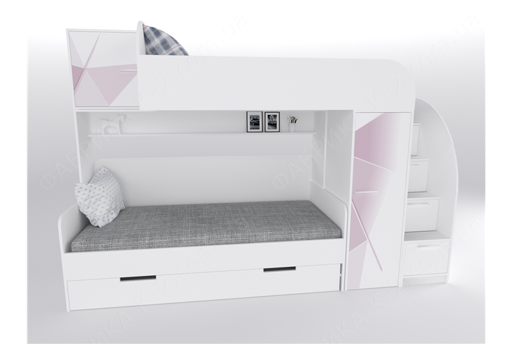 51 Кровать двухъярусная со ступеньками-комодом 90х190/200 серия Triangle Pink К-2 стандарт
